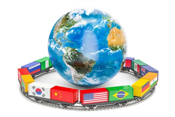 鉄道の概念、3 d レンダリングによる世界的な貨物物流 — ストック写真