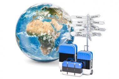 Estonya seyahat kavramı. Estonya bayrağı bavul tabelasını bir