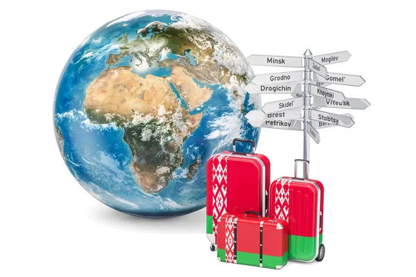 ベラルーシ旅行の概念。ベラルーシ語フラグ、signpos のスーツケース — ストック写真