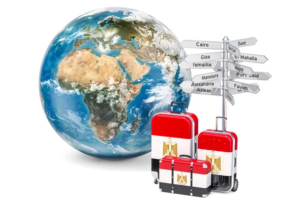 エジプト旅行の概念。エジプトの旗とスーツケースの道標と — ストック写真