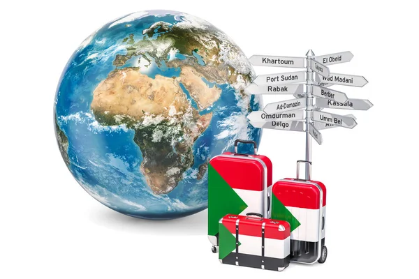 スーダン旅行の概念。スーダンの旗とスーツケースの道標と — ストック写真