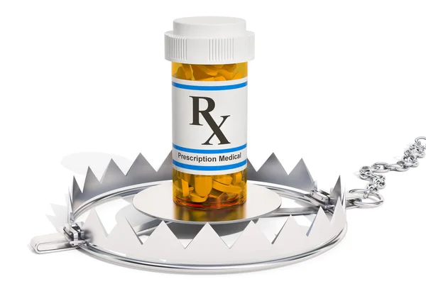 Trampa con la botella médica llena de pastillas. Concepto de drogadicción, 3D — Foto de Stock