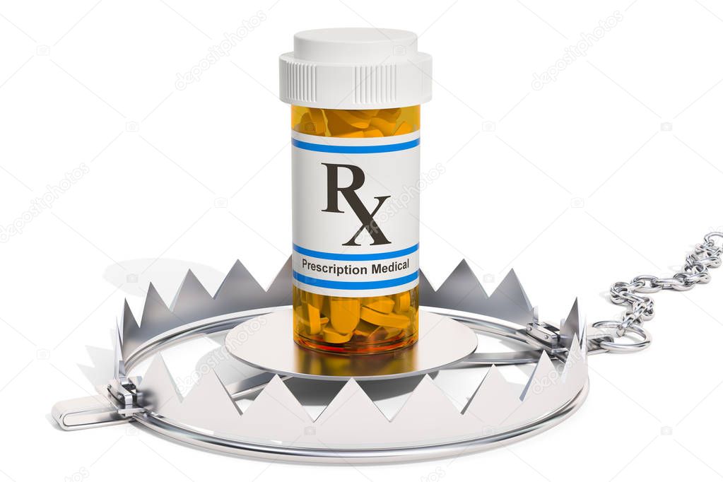 Trap with medical bottle full pills. Drug addiction concept, 3D 