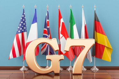 Bayraklar tüm üyelerin G7, kavram toplantı. 3D render