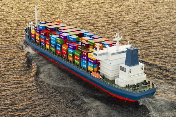 Cargo ship sailing in ocean, 3D rendering — Stock Photo, Image