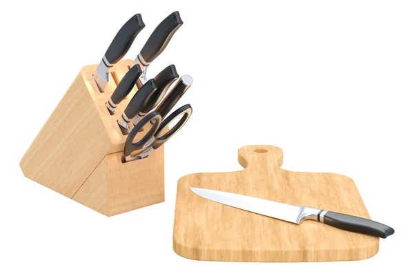 Knife set with wooden block and wooden cutting board with knife, — Stock Photo, Image