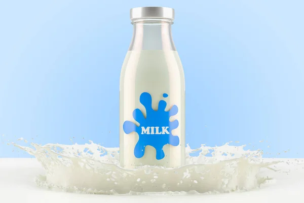Melk fles met melk splash, 3D-rendering — Stockfoto