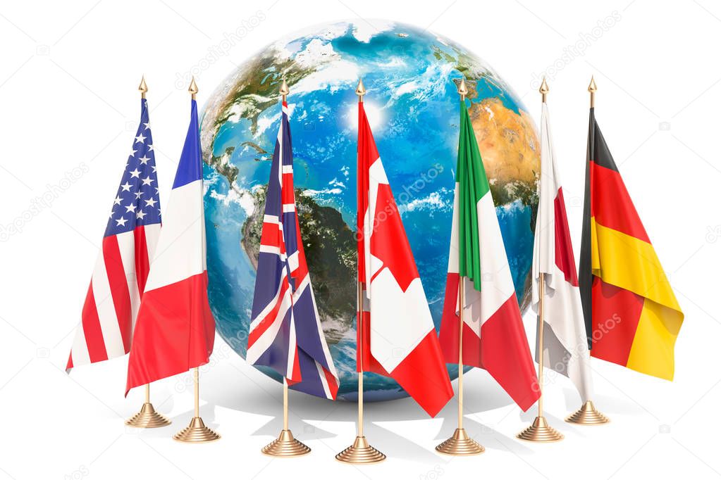 Flags of all members G7 around the Earth Globe, meeting concept.