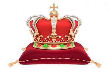 Kırmızı kadife yastık, 3d render üzerinde Royal Crown
