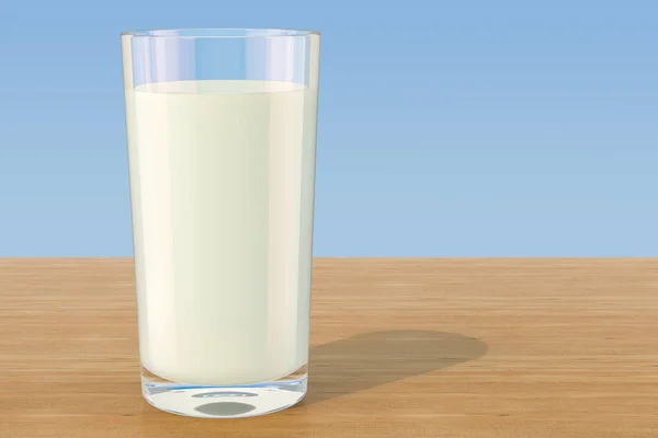Sklenice mléka na dřevěný stůl, vykreslování 3d objektů — Stock fotografie