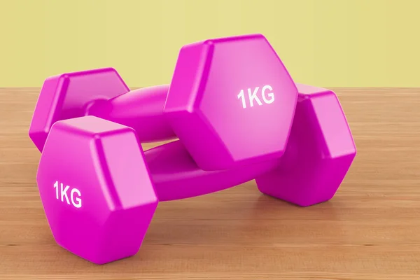 Fitness lila Hanteln auf dem Holzgrund, 3D-Rendering — Stockfoto