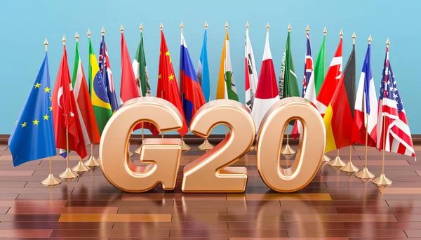 Koncepcja spotkanie G20, flagi wszystkich członków G20. renderowania 3D — Zdjęcie stockowe