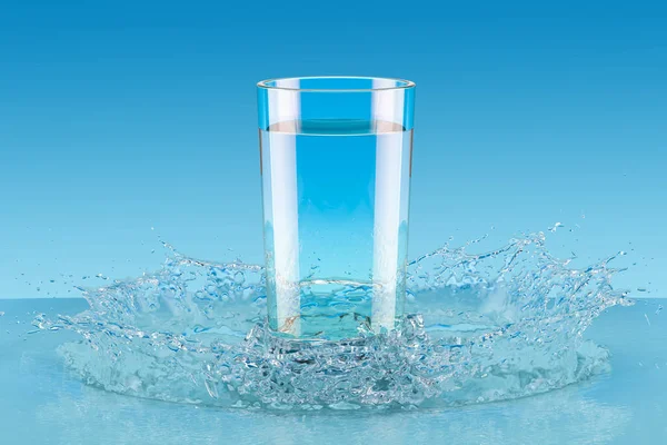 Bicchiere d'acqua con spruzzi, rendering 3D — Foto Stock