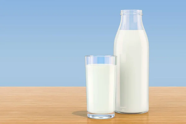Μπουκάλι γάλα με ποτήρι γάλα στο ξύλινο τραπέζι, 3d rendering — Φωτογραφία Αρχείου