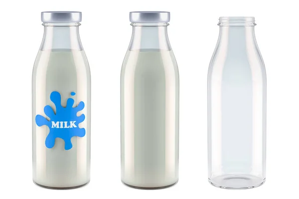 Butelek mleka z etykietą, pełne i puste. renderowania 3D — Zdjęcie stockowe