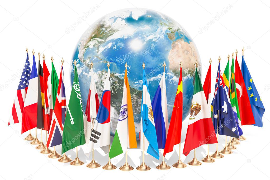 International global communication concept with flags around the