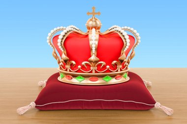 Royal Crown ahşap masa üzerinde kırmızı kadife yastık üzerinde. 3D ren