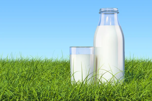 Garrafa com leite orgânico e copo de leite na grama verde ag — Fotografia de Stock