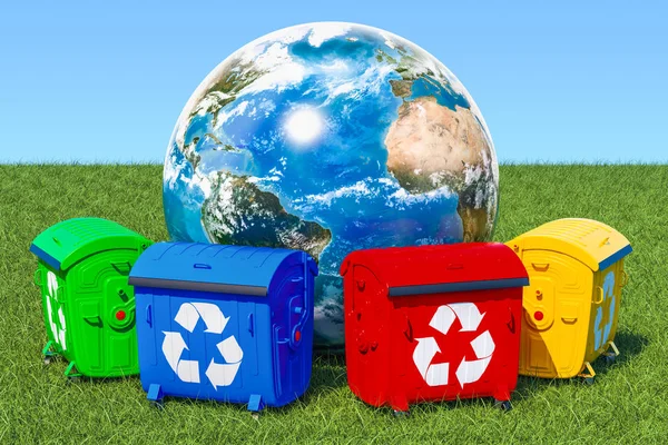 Conteneurs à ordures autour du globe terrestre en herbe verte contre blu — Photo
