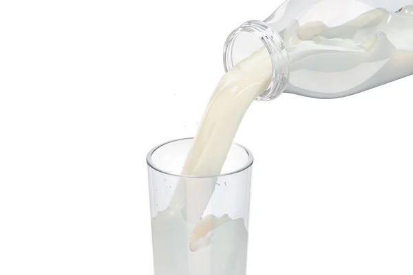 Despejar leite fresco em um copo, renderização 3D — Fotografia de Stock