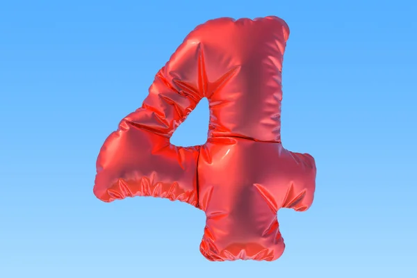 Číslo 4, červené fólie balón na obloze. 3D vykreslování — Stock fotografie