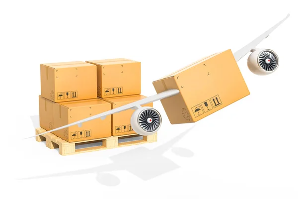 Delivery concept. Parcel with wings flying and pallet with parce — Stock Photo, Image