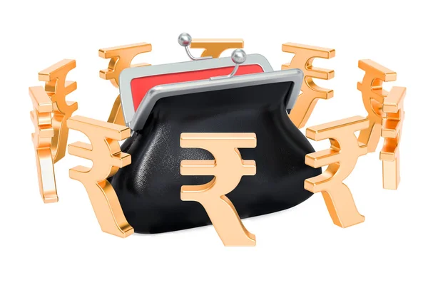 Bolsa com símbolos de rupia ao redor, renderização 3D — Fotografia de Stock