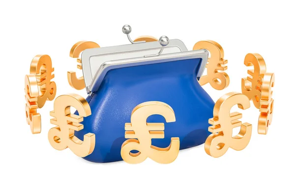 Bolsa com símbolos libras esterlinas ao redor, renderização 3D — Fotografia de Stock