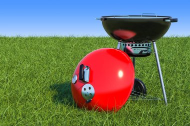 Mangal mavi gökyüzü, 3d render karşı yeşil çimenlerin üzerinde