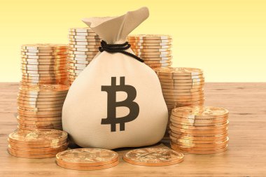Bitcoin sembol ve ahşap t etrafında altın sikke ile çuval