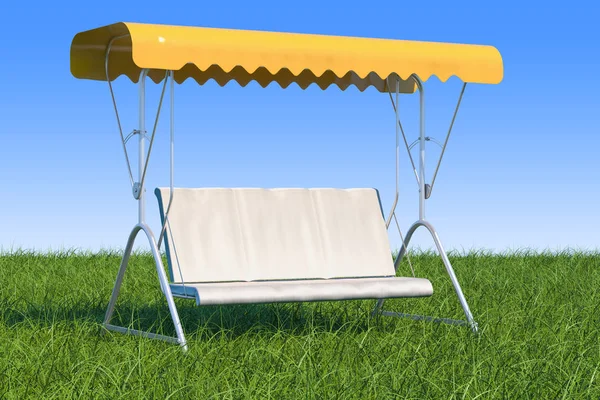 Garden swing with canopy in the green grass against blue sky, 3D — Stock Photo, Image