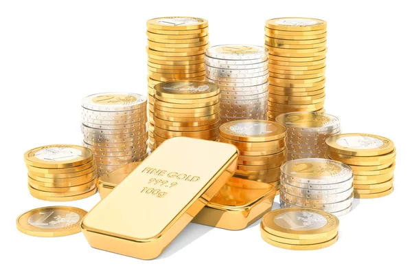 Gold ingots and euro coins, 3D rendering — Stock Photo, Image