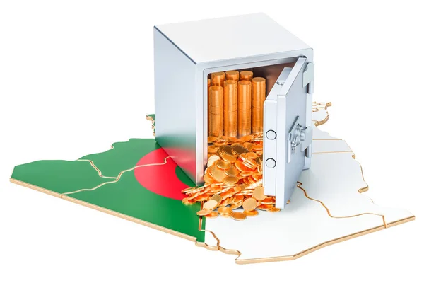 Safe box with golden coins on the map of Algeria, 3D rendering — Stock Photo, Image