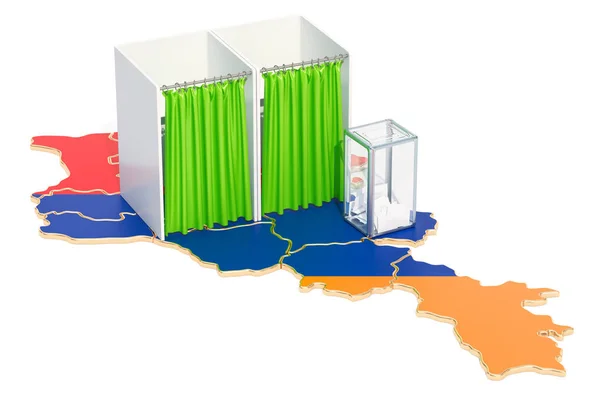 Concepto de elección armenio, urnas con cabinas de votación en el mapa — Foto de Stock