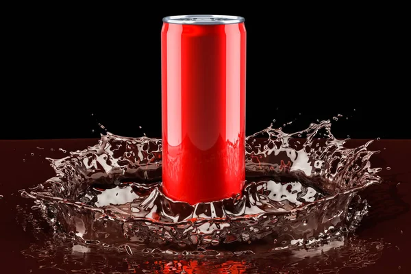 Beber lata metálica con salpicadura de bebida, representación 3D — Foto de Stock