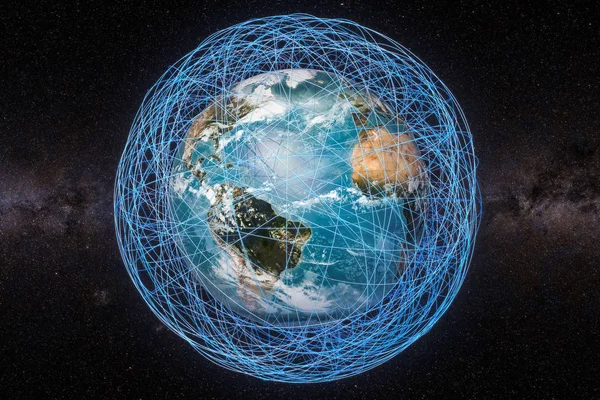 Concepto de comunicación global, globo terrestre y líneas brillantes arou — Foto de Stock