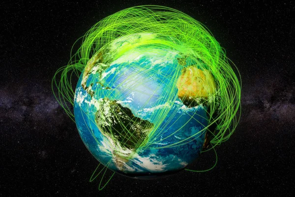 Globo de la Tierra y concepto de rutas de vuelo reales, renderizado 3D — Foto de Stock
