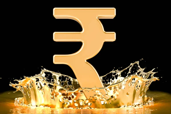 Golden rupee symbol with gold splashing, 3D rendering — Stock Photo, Image
