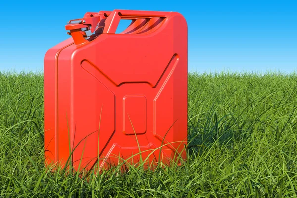 Kanister im grünen Gras vor blauem Himmel, 3D-Darstellung — Stockfoto