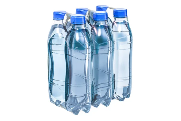 Su şişeleri sarılmış shrink film, 3d render — Stok fotoğraf