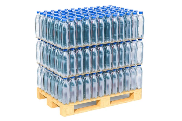 Wooden pallet with water bottles wrapped in the shrink film, 3D — Stock Photo, Image