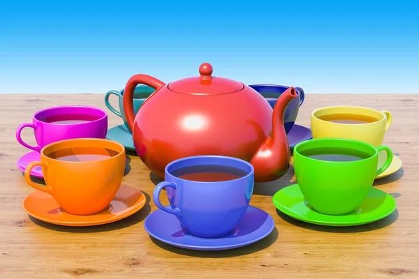 Cups of tea and teapot on the wooden table against blue sky. 3D — Stock Photo, Image