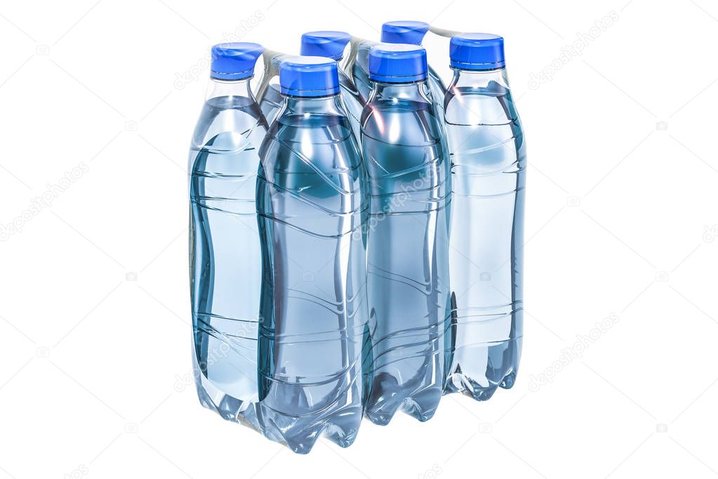 Water bottles wrapped in the shrink film, 3D rendering
