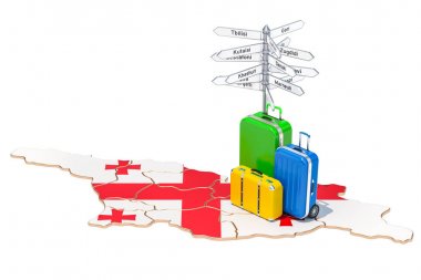 Georgia seyahat kavramı. Bavul ve yön tabelası, 3d harita parçalamak