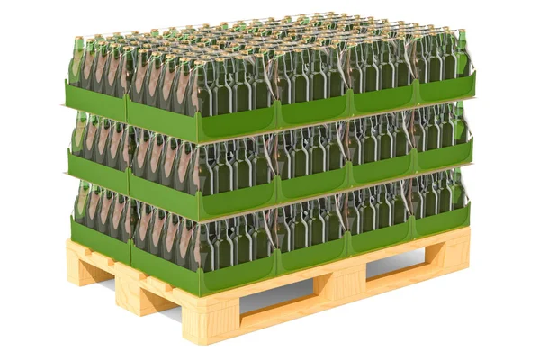 Пивные бутылки в термоусадочной пленке на деревянном поддоне, 3D рендеринг — стоковое фото
