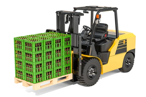 Kasa bira şişeleri forklift kamyon, 3d render dolu — Stok fotoğraf