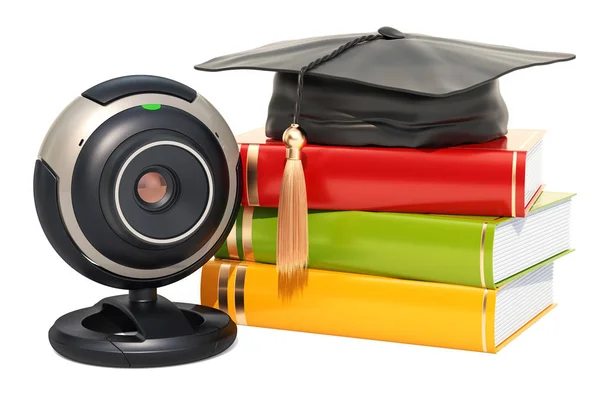 网络教育理念, 带摄像头的毕业帽图书, — 图库照片