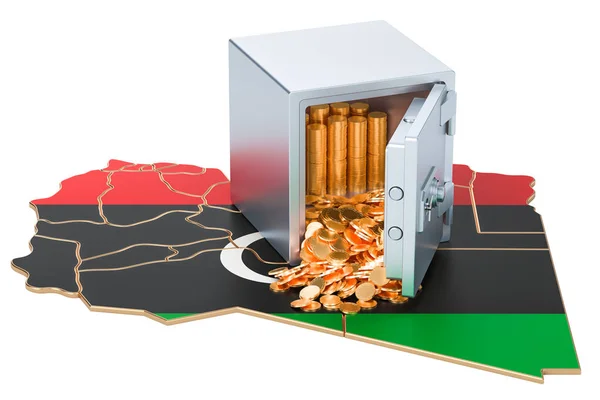 Caja de seguridad con monedas de oro en el mapa de Libia, representación 3D — Foto de Stock