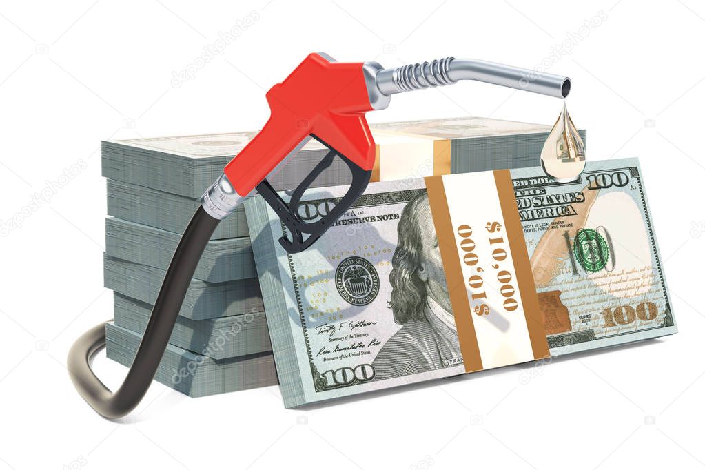 Dollar packs with fuel pump nozzle, 3D rendering
