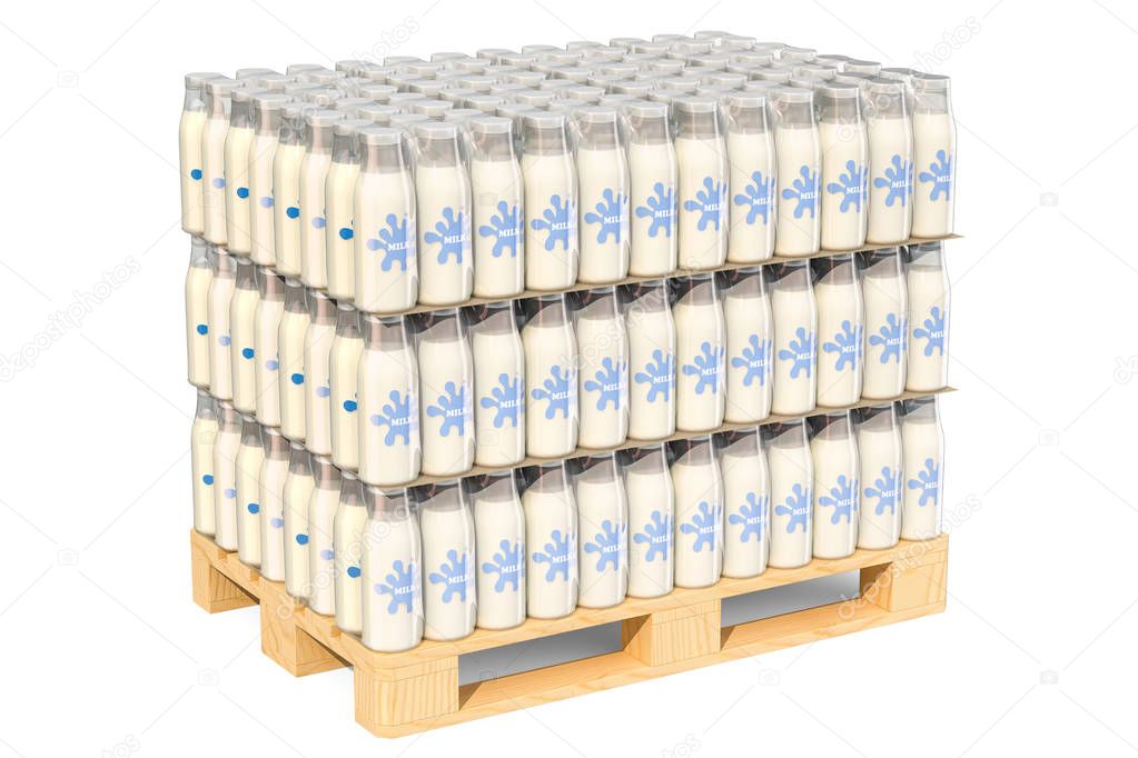 Packages of glass milk bottles in shrink film on the wooden pall